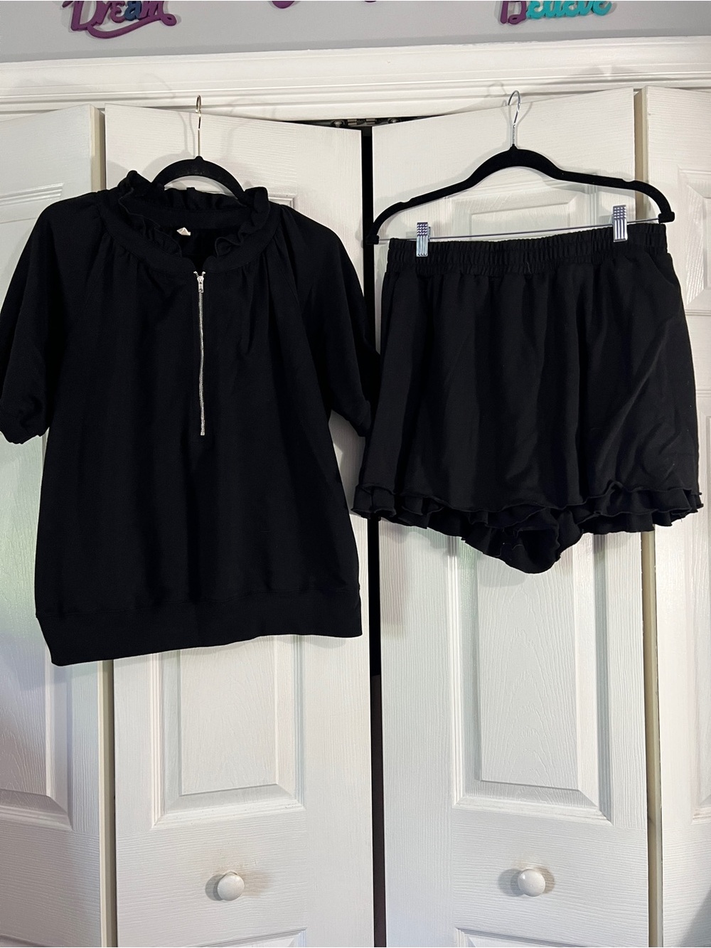 Black Ruffle-Trim Sleep Top & Short Set